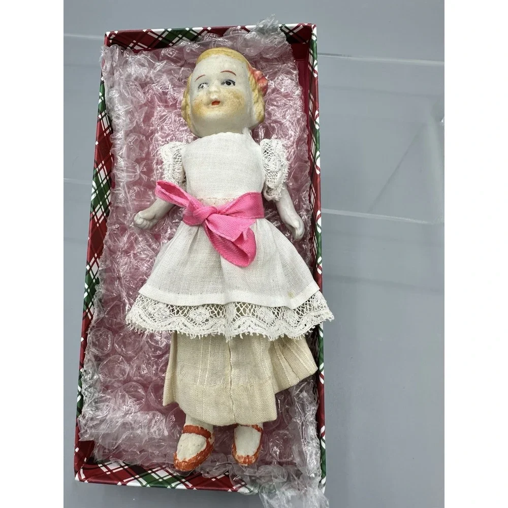 Antique Japanese All Bisque Doll Jointed Arms And Legs Blonde With Pink Bows